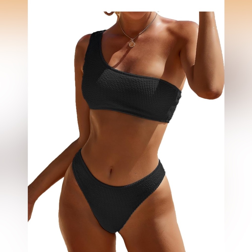 NWT YIMISAN Women's Ribbed Bikini One Shoulder Top with Mid Waist Black XS